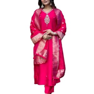 Women's Silk Blend Straight Embroidered Kurta with Pant & Dupatta